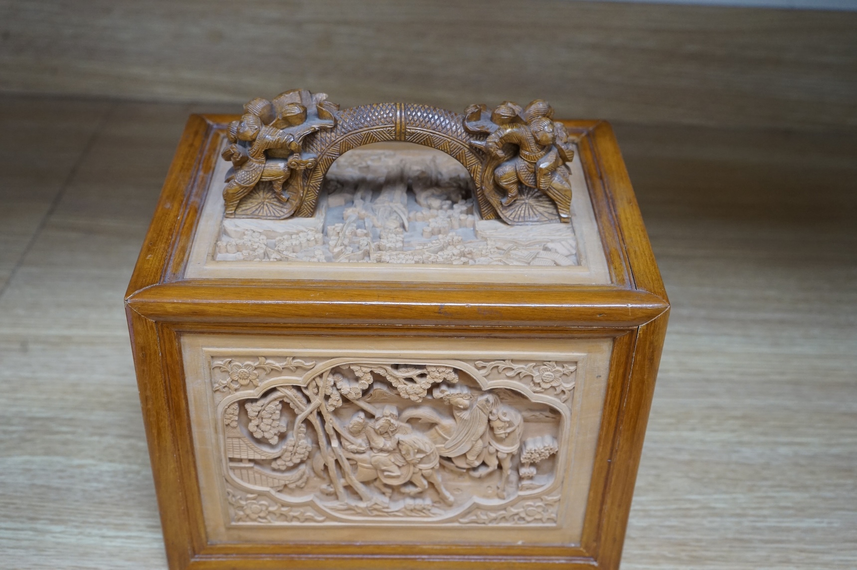 A Chinese carved boxed mahjong set and stands, box 24 cm high including handle